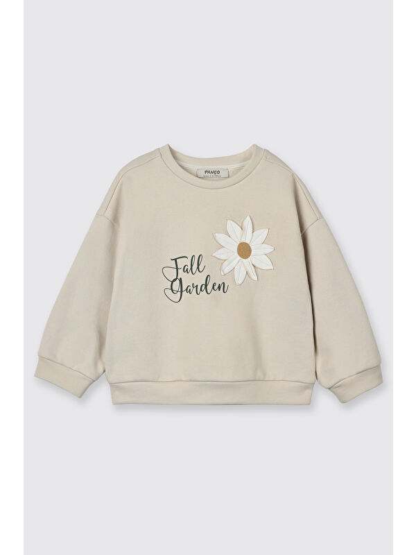 Panço Kız Çocuk Çiçek Motifli Sweatshirt Bej
