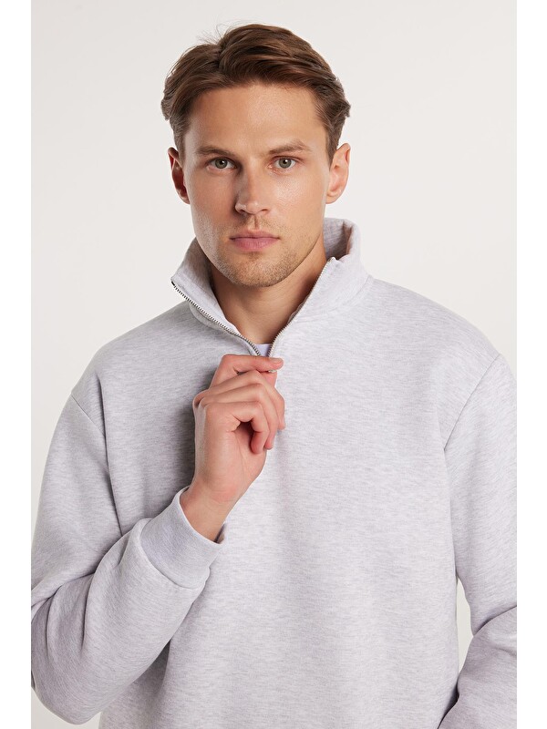 TUDORS Unisex Relax Fit Rahat Kesim Pamuklu İçi Polarlı Yarım Fermuarlı Gri Dik Yaka Sweatshirt