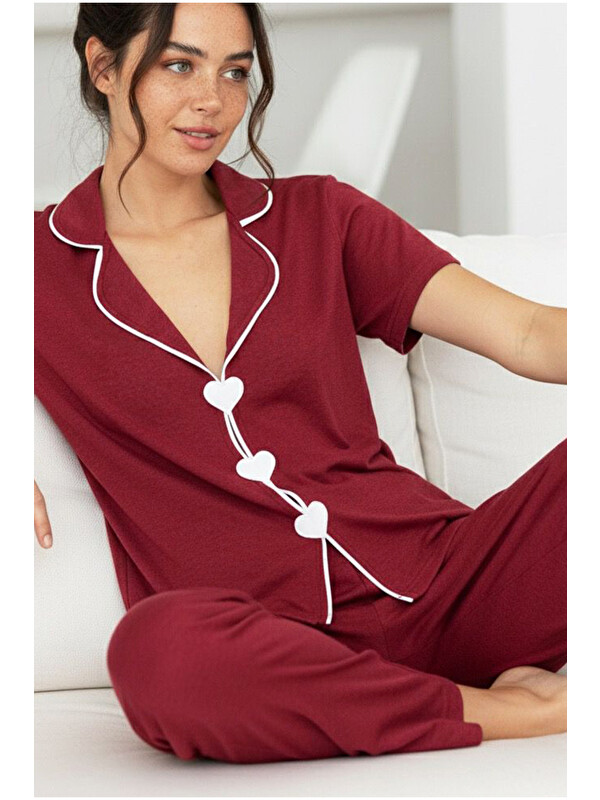 Siyah İnci bordo Kalpli Biye Detaylı Örme Pijama Takım7891