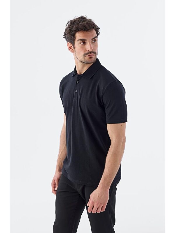 JAKAMEN Siyah Düğme Detaylı Slim Fit Polo Yaka T-Shirt