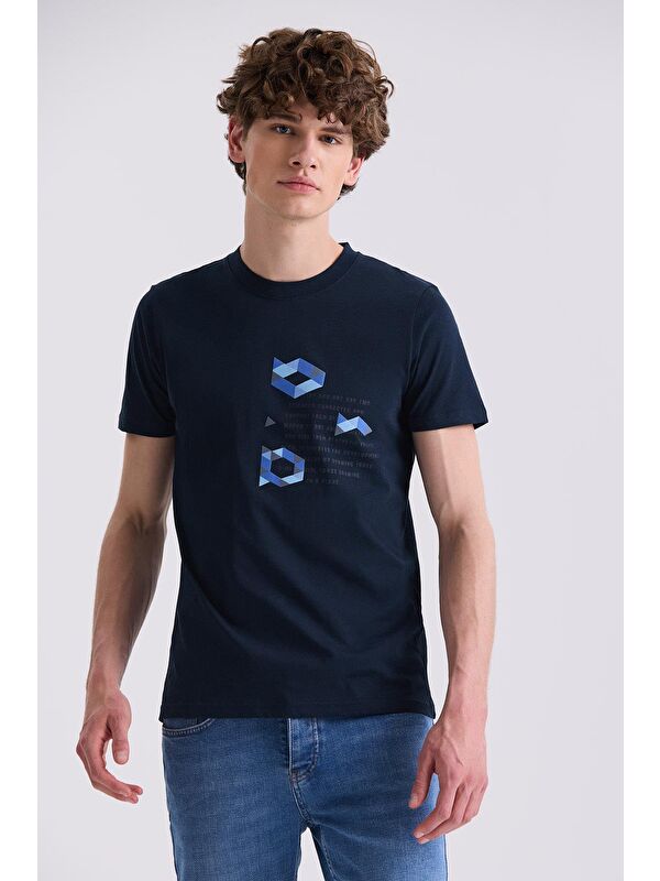 JAKAMEN Lacivert Slim Fit Bisiklet Yaka T-Shirt