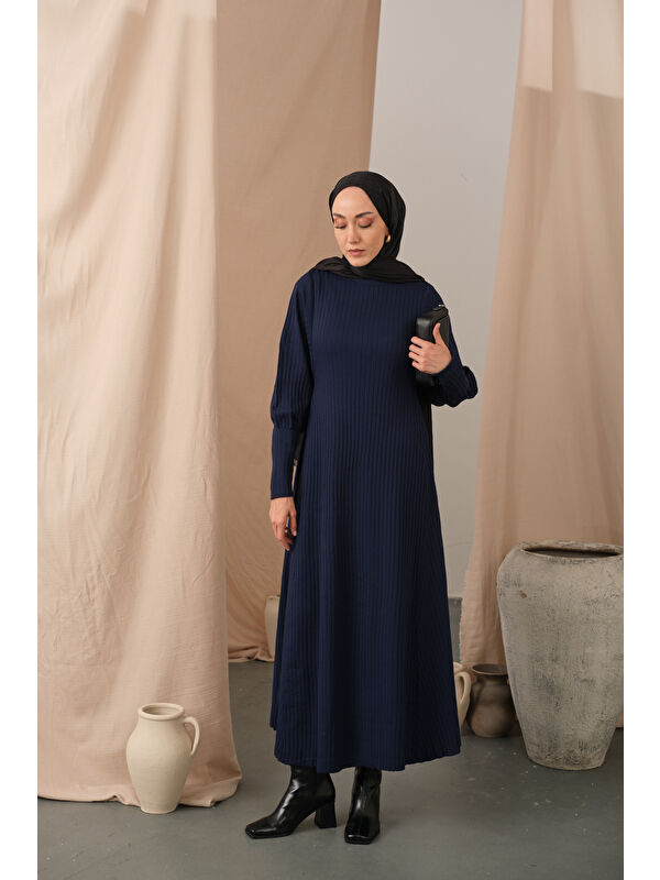 Locco Moda Kadın Kendinden Desenli Triko Elbise Lacivert