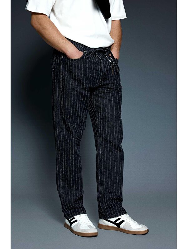 Abluka Online Erkek Desenli Kemer Detaylı Baggy Fit Jean Siyah