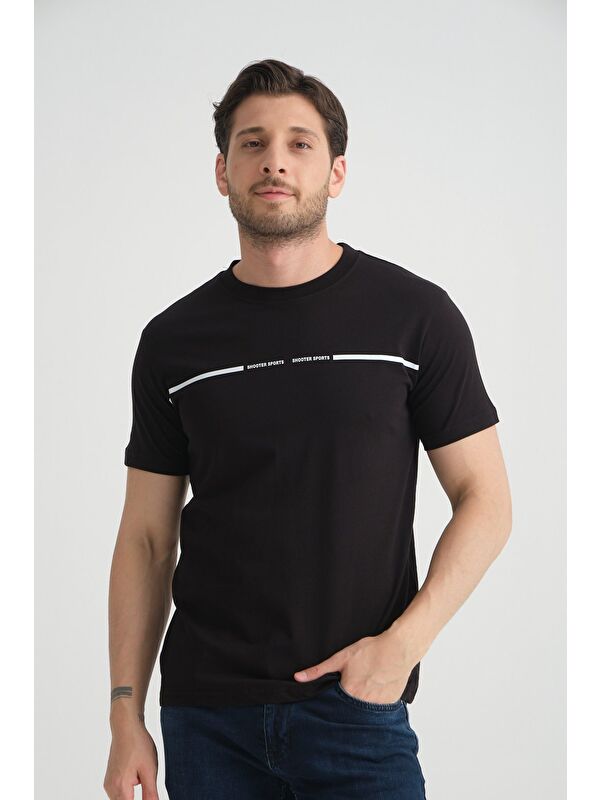 Shooter Sportswear Siyah Erkek T-Shirt %100 Pamuk Nefes Alan Bisiklet Yaka Regular Fit