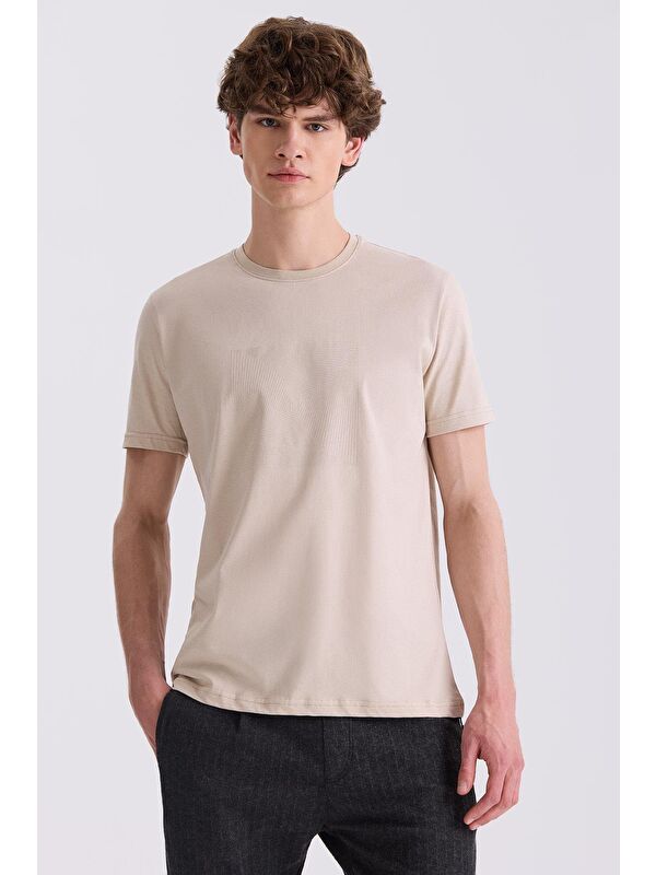 JAKAMEN Bej Slim Fit Bisiklet Yaka T-Shirt