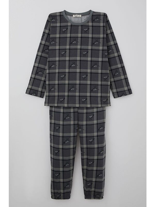 Breeze Erkek Çocuk Pijama Takımı Dinozor Krallığı Ekose Desenli Gri (4-8 Yaş)