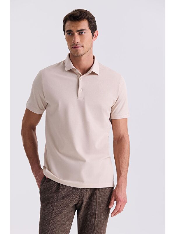 JAKAMEN Bej Slim Fit %100 Pamuk Merserize Polo Yaka T-Shirt