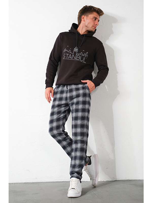 Domoda Ekoseli Flanel Pijama Altı Rahat Kesim Dar Paça Pamuklu
