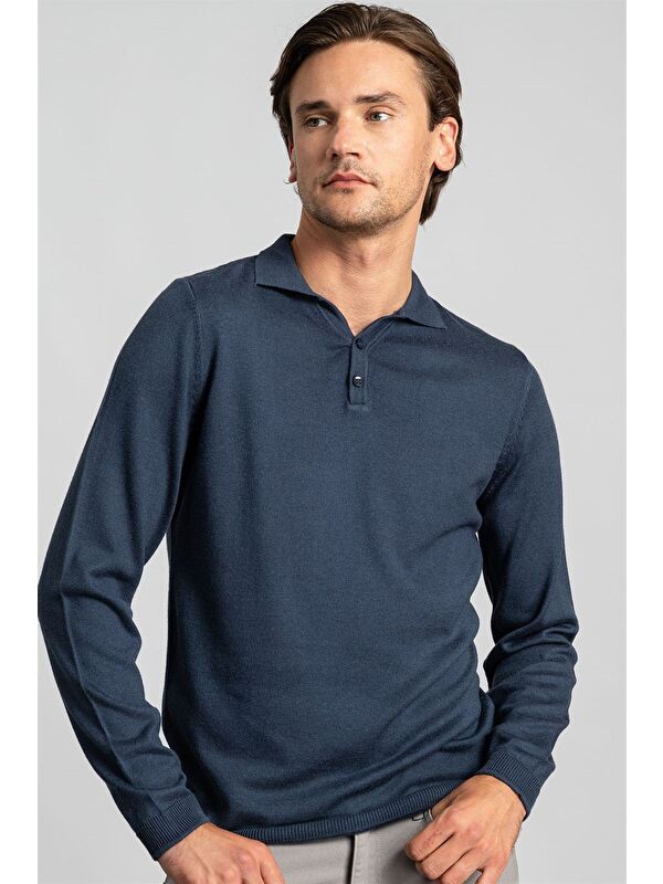 TUDORS Erkek Slim Fit Düğmeli Polo Yaka Düz İndigo Triko Kazak