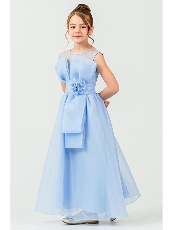 Mnk Baby & Kids Kız Çocuk Organze Tül Çiçek ve Fiyonk Detaylı Gipe Sırtlı Prenses Abiye Elbise M00800