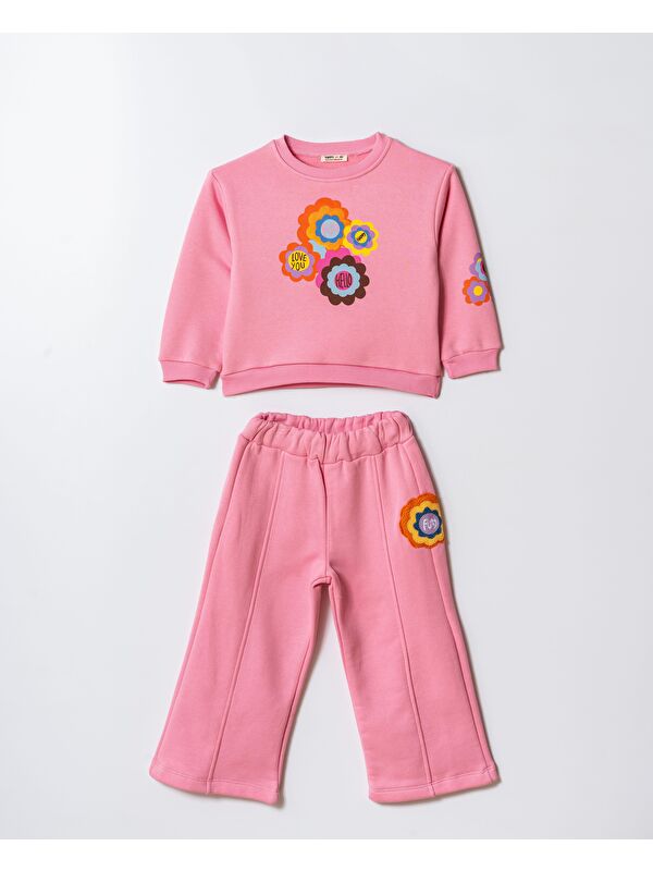 Magu Kız Çocuk Pamuklu Pembe Çiçek Desenli Sweatshirt Ve Eşofman Takım - Renkli Fun Baskı