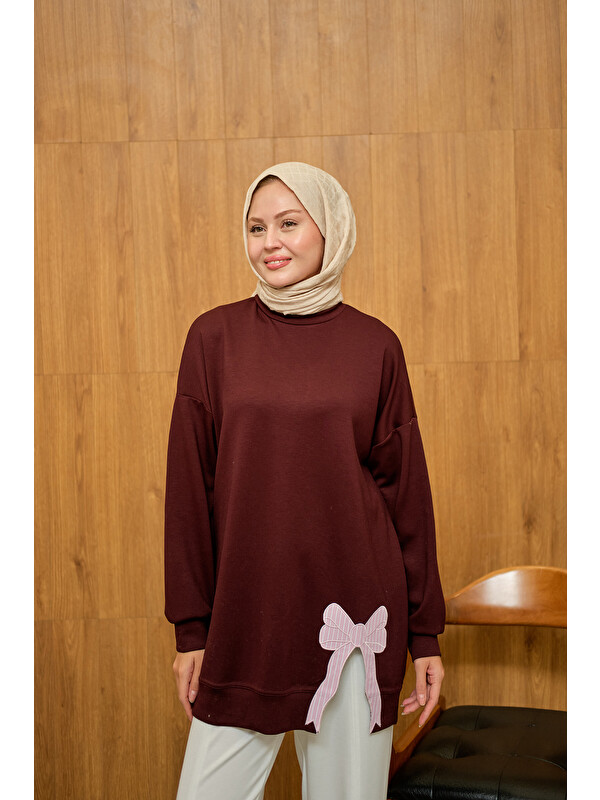 Locco Moda Kadın Fiyonk Nakışlı Tunik Bordo