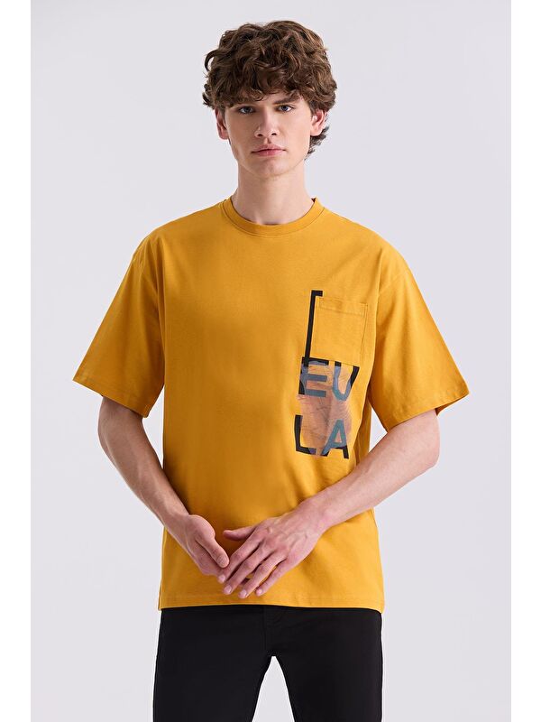 JAKAMEN Sarı Yazı Baskılı Bisiklet Yaka T-Shirt