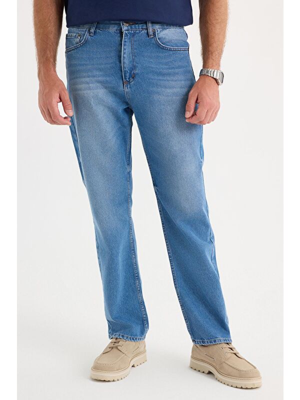 TUDORS Erkek Regular Fit %100 Pamuk Yan Cepli Baggy Mavi Jean Pantolon