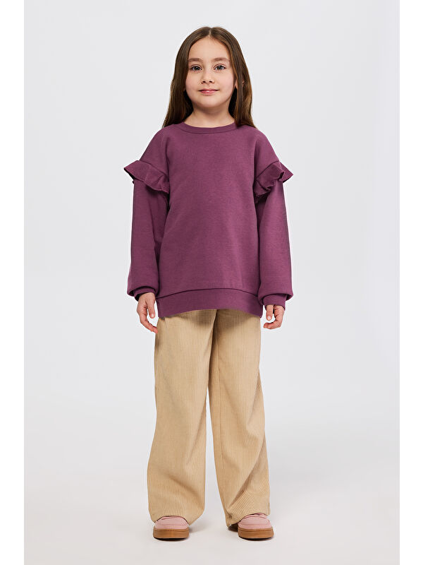 Panço Kız Çocuk Fırfır Detaylı Mürdüm Sweatshirt