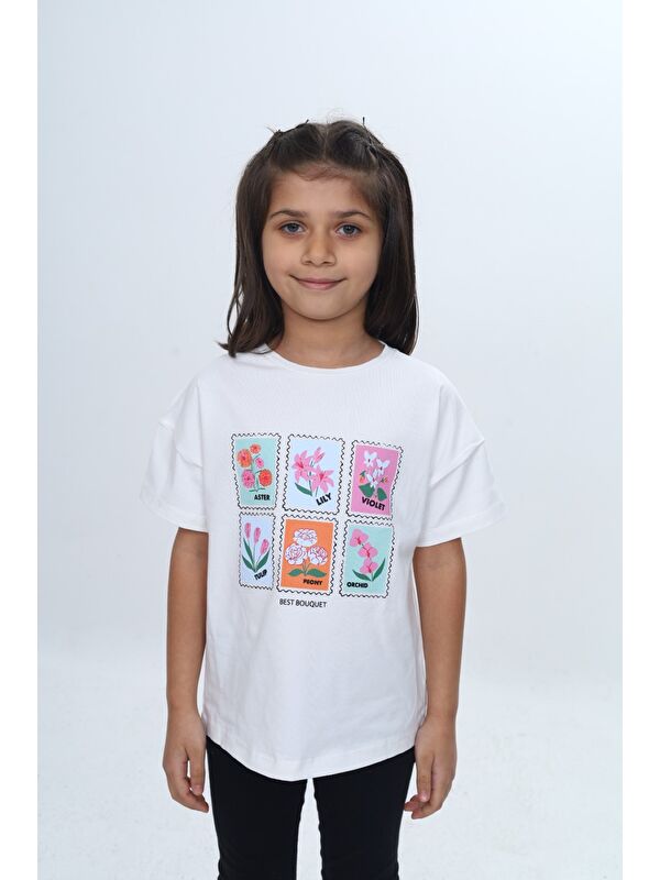 Toontoykids Kız Çocuk Baskılı Bisiklet Yaka Düşük Omuz Kısa Kollu Tişört 24982