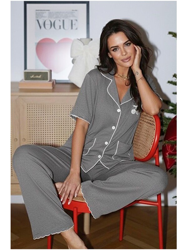 Siyah İnci Cepli Bürümcük-Krınkıl Kısa Kollu Düğmeli Örme Pijama Takım 7940