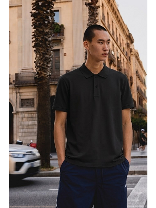COMBINE Erkek Basic Bol Siyah Polo Yaka Tişört