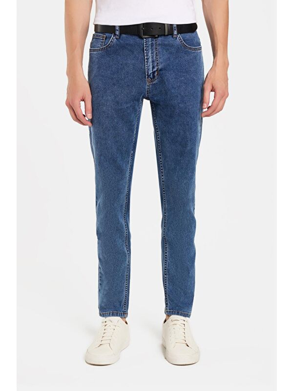 TUDORS Erkek Regular Fit Yıkamalı Taşlamalı Esnek Jean  Düz Paça Tapered Açık Mavi Jean Pantolon