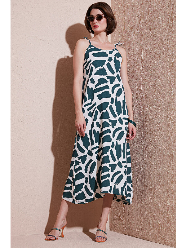 Lela Desenli Midi Boy Oversize Fit Bağlamalı İp Askılı Bisiklet Yaka Kadın Elbise 5869009