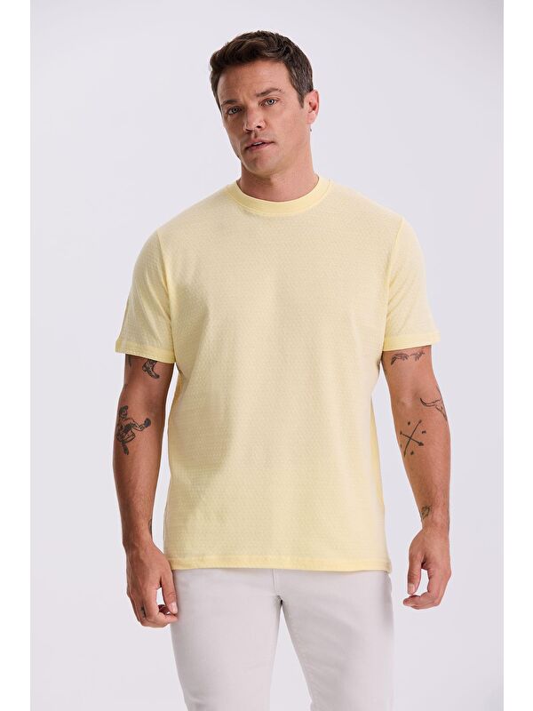 JAKAMEN Sarı %100 Pamuk Desenli Bisiklet Yaka T-Shirt