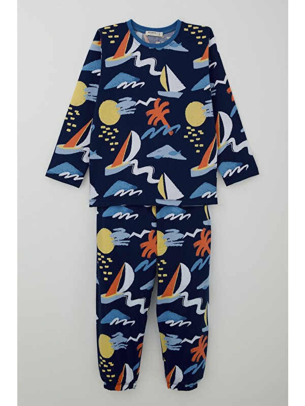 Breeze Erkek Çocuk Pijama Takımı Yaz Temalı Beli Paçası Lastikli Lacivert (4-8 Yaş)