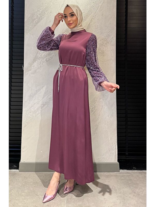 Julude Kolları Güpürlü Taşlı Bel Bağcıklı Tesettür Saten Abiye Elbise
