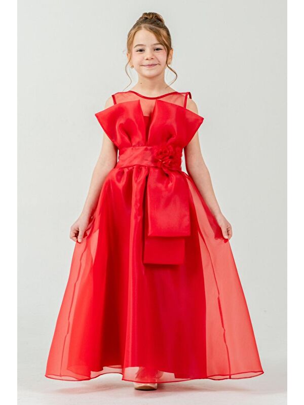 Mnk Baby & Kids Kız Çocuk Organze Tül Çiçek ve Fiyonk Detaylı Gipe Sırtlı Prenses Abiye Elbise M00800