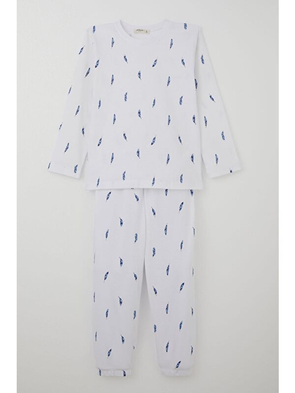 Breeze Erkek Çocuk Pijama Takımı Uçan Mavi Tüy Desenli Beyaz (4-8 Yaş)