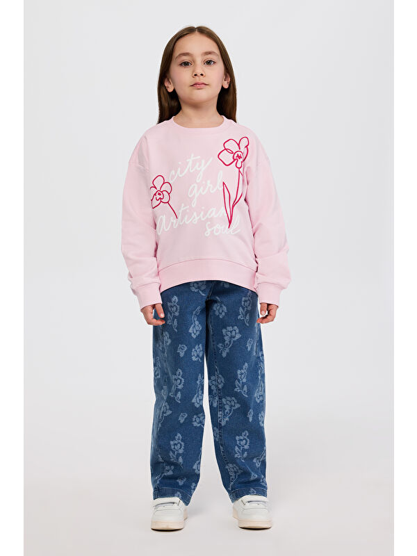 Panço Kız Çocuk Nakışlı Pembe Sweatshirt