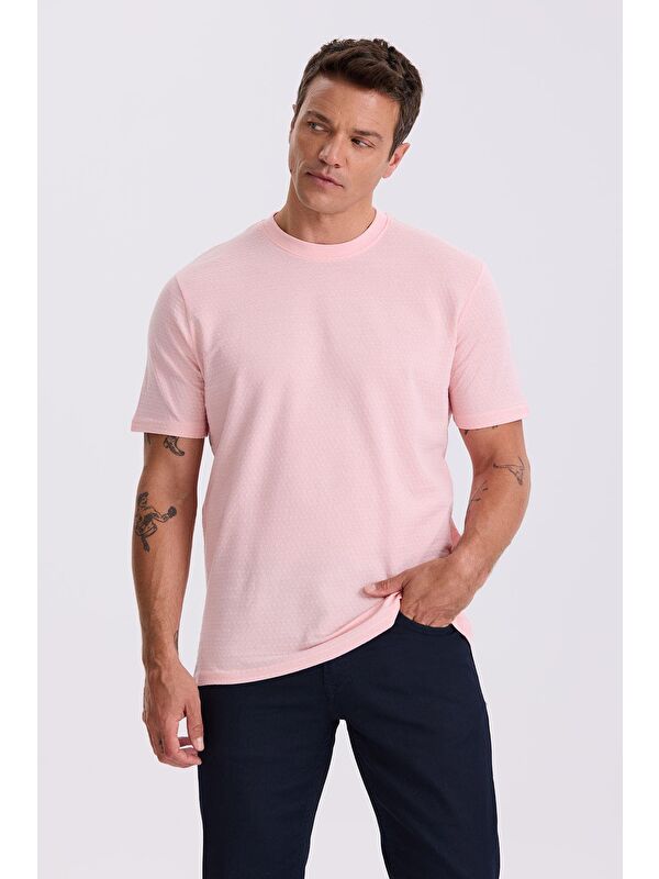 JAKAMEN Pembe %100 Pamuk Desenli Bisiklet Yaka T-Shirt