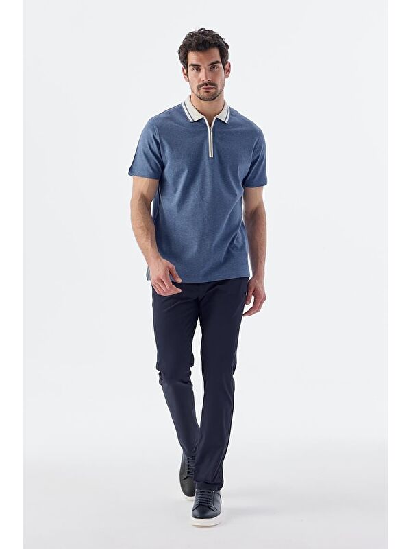 JAKAMEN Mavi Slim Fit Fermuarlı %100 Pamuk Polo Yaka T-Shirt