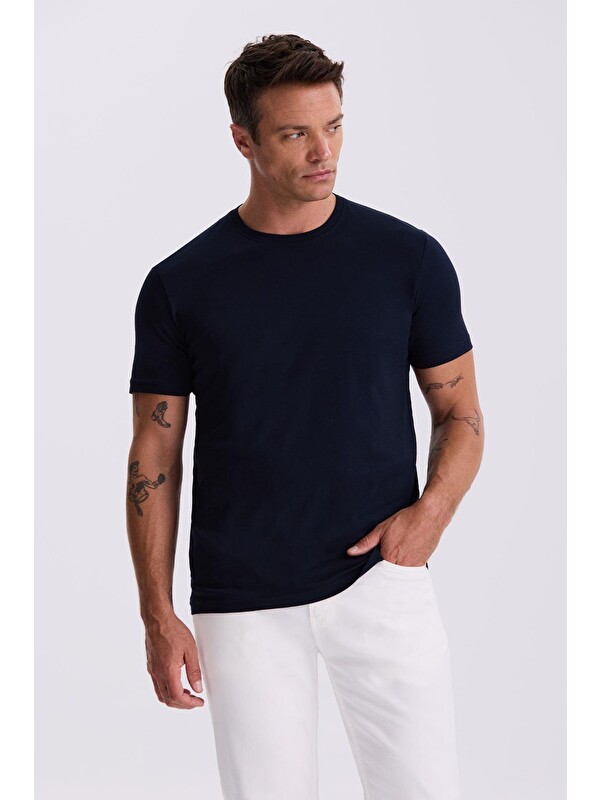 JAKAMEN Lacivert %100 Pamuk Slim Fit Bisiklet Yaka Basic Tişört