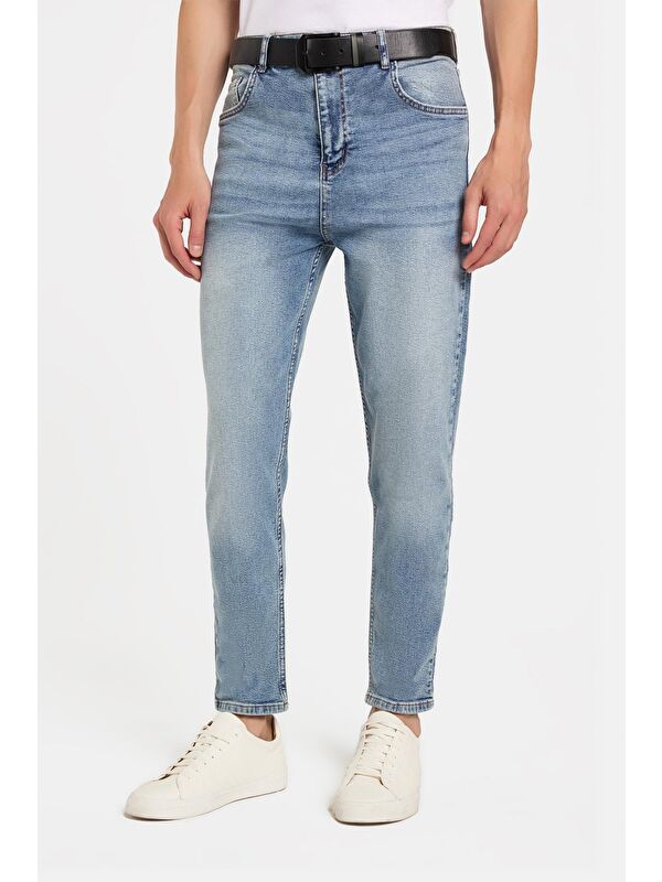 TUDORS Erkek Regular Fit Bol Kesim Denim Yıkamalı Efektli Esnek Açık Mavi Jean Pantolon