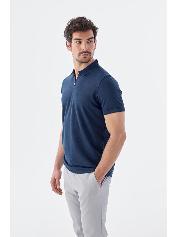 JAKAMEN İndigo Fermuarlı Slim Fit Polo Yaka T-Shirt