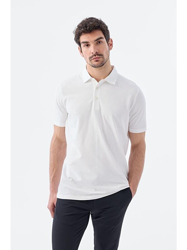 JAKAMEN Beyaz Düğme Detaylı Slim Fit Polo Yaka T-Shirt