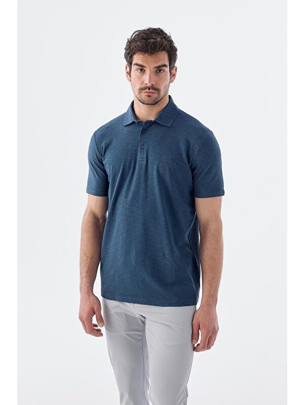 JAKAMEN Lacivert Düğme Detaylı Slim Fit Polo Yaka T-Shirt
