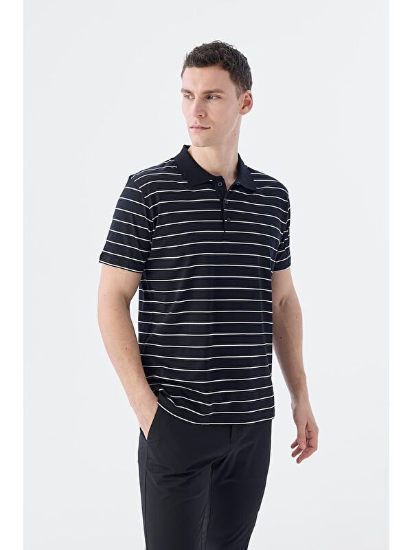 JAKAMEN Siyah Slim Fit Çizgili %100 Pamuk Polo Yaka T-Shirt