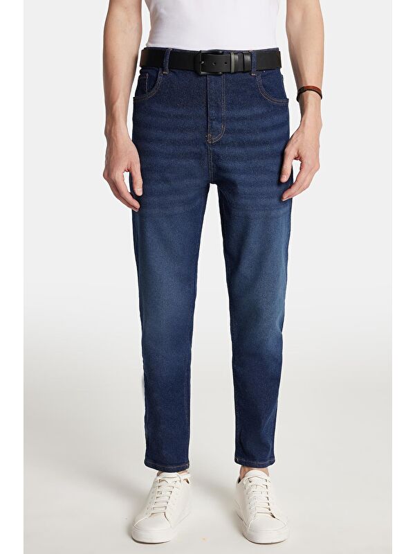 TUDORS Erkek Regular Fit Bol Kesim Denim Yıkamalı Efektli Esnek Lacivert Jean Pantolon