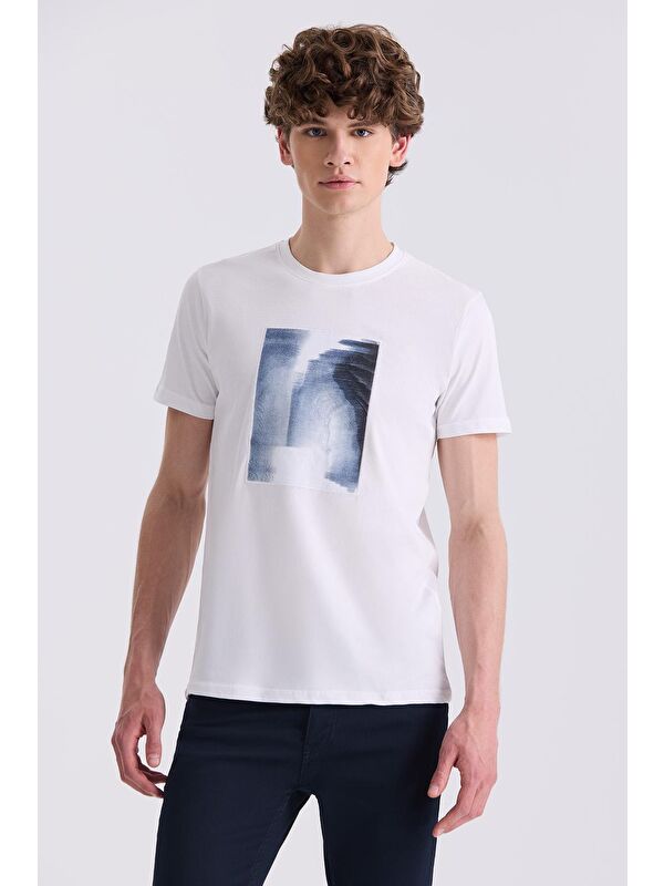 JAKAMEN Beyaz Slim Fit Baskılı Bisiklet Yaka T-Shirt