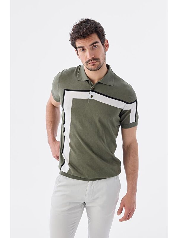 JAKAMEN Haki Slim Fit Şerit Detaylı Polo Yaka T-Shirt