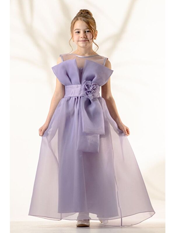 Mnk Baby & Kids Kız Çocuk Organze Tül Çiçek ve Fiyonk Detaylı Gipe Sırtlı Prenses Abiye Elbise M00800