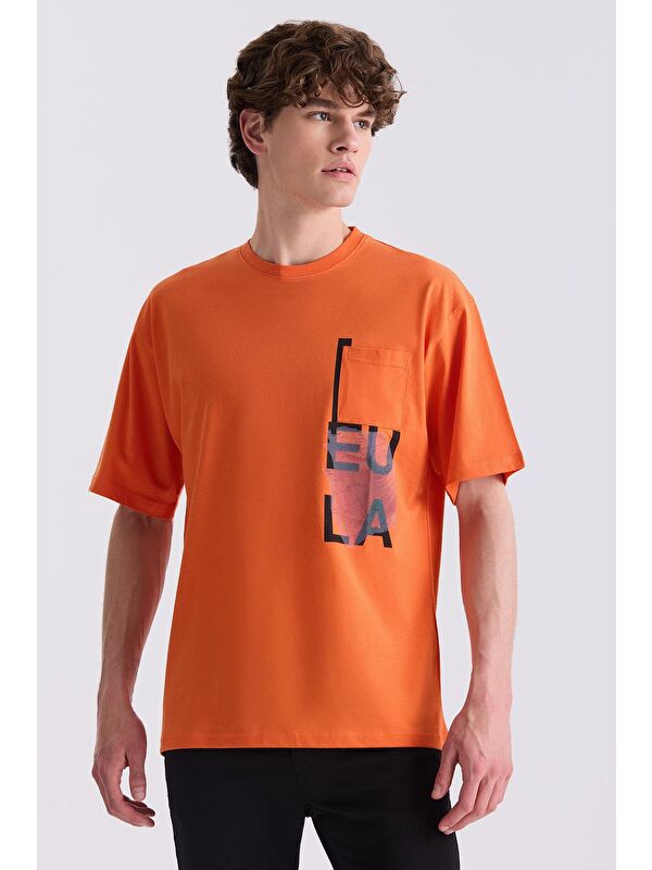 JAKAMEN Oranj Yazı Baskılı Bisiklet Yaka T-Shirt