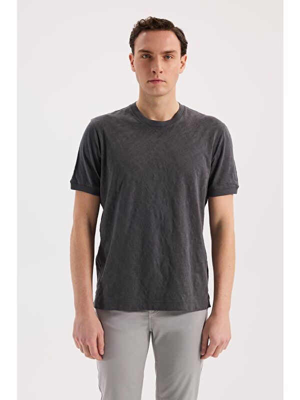 JAKAMEN Füme Slim Fit Bisiklet Yaka Desenli %100 Pamuk T-Shirt