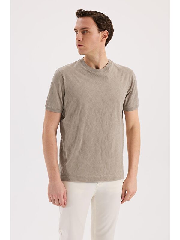 JAKAMEN Vizon Slim Fit Bisiklet Yaka Desenli %100 Pamuk T-Shirt