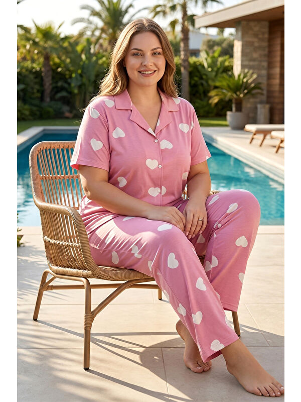 Remsa Büyük Beden Kadın Kısa Kol Milan Kumaş Pijama Takımı 50501-2517 Pembe04
