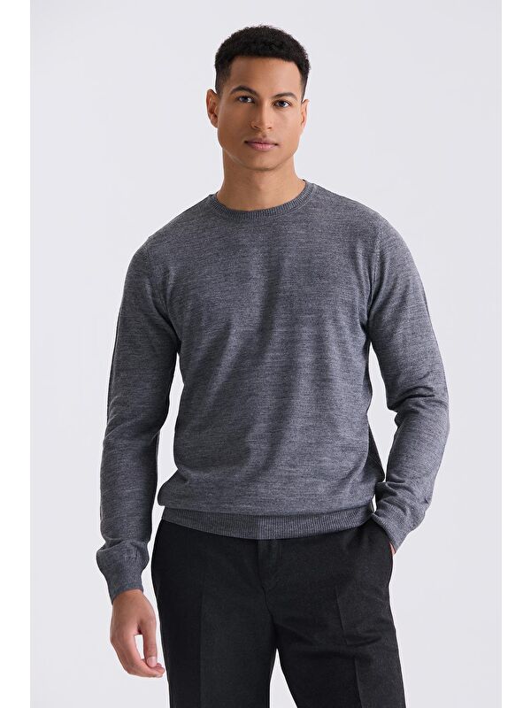 JAKAMEN Gri Regular Fit Bisiklet Yaka Triko Kazak