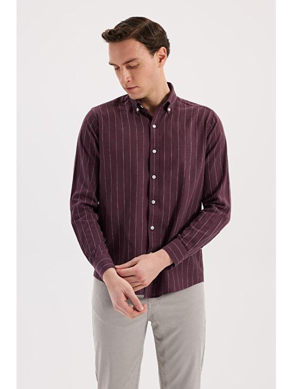 JAKAMEN Bordo Comfort Fit Düğmeli Yaka Pamuklu Gömlek
