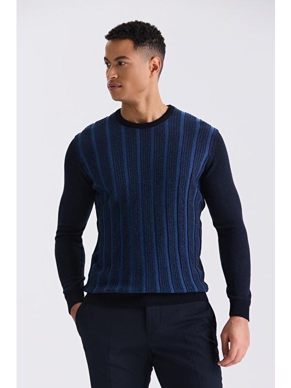 JAKAMEN Lacivert / İndigo Slim Fit Bisiklet Yaka Çizgi Desenli Triko Kazak
