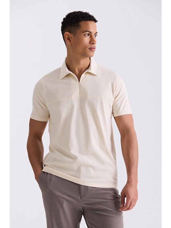 JAKAMEN Bej Slim Fit Fermuarlı Polo Yaka T-Shirt